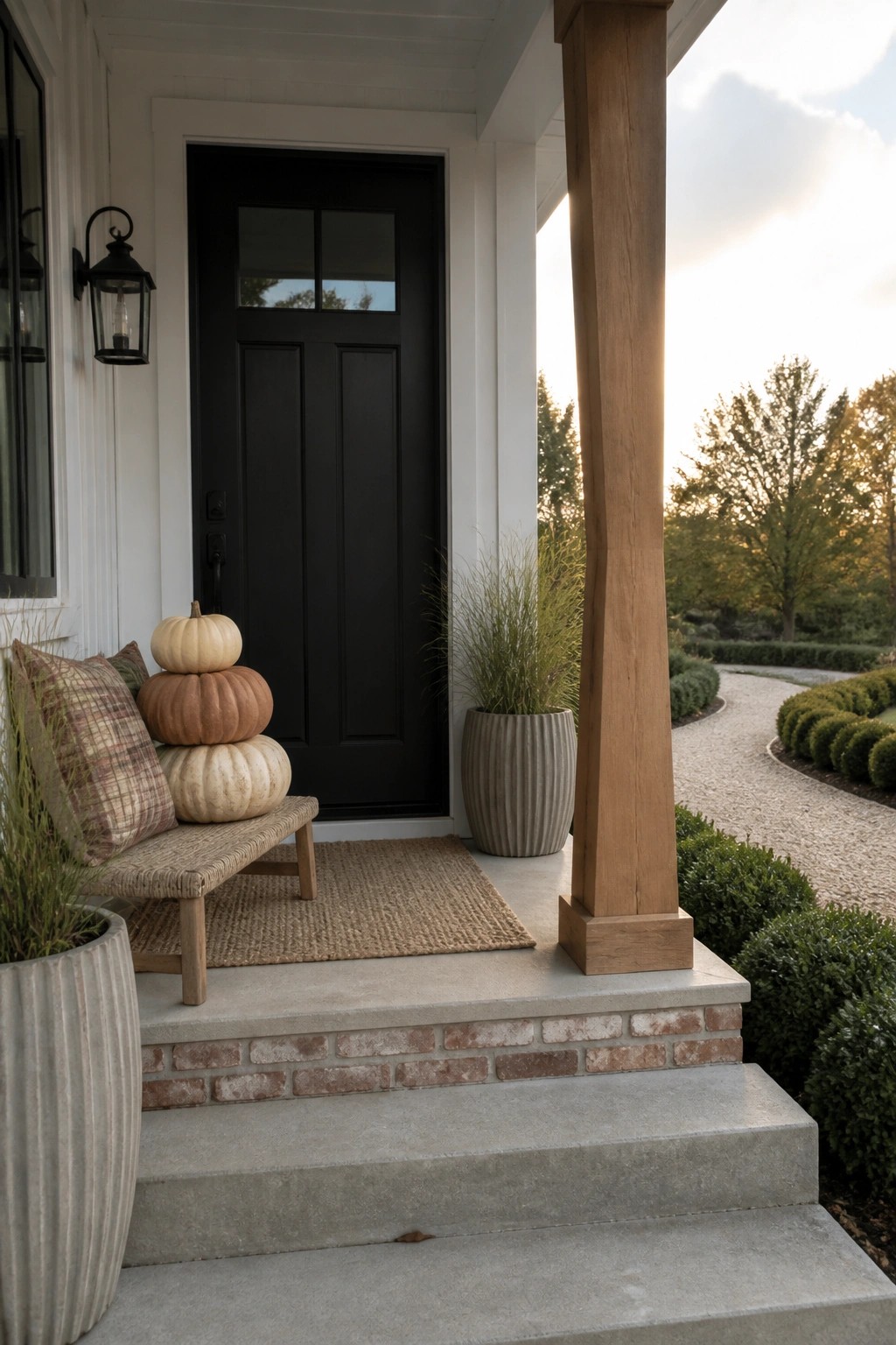Black door on white porch with stacked pumpkins on bench, potted plants, and wooden post