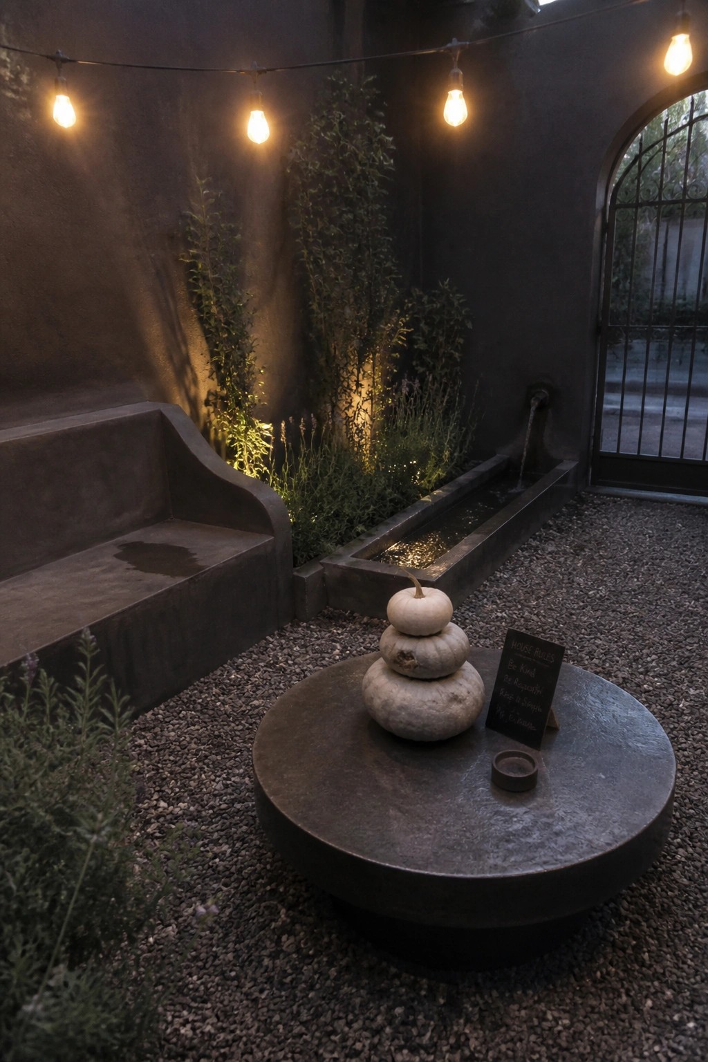 Nighttime view of an outdoor courtyard with a round concrete table holding three stacked white pumpkins, string lights overhead, a water channel, and a concrete bench along the wall.