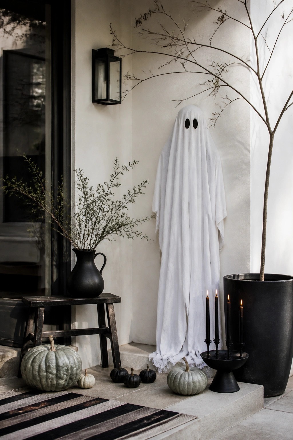 Front porch with a tall white sheet ghost, black candles, and a few green pumpkins arranged near the door.