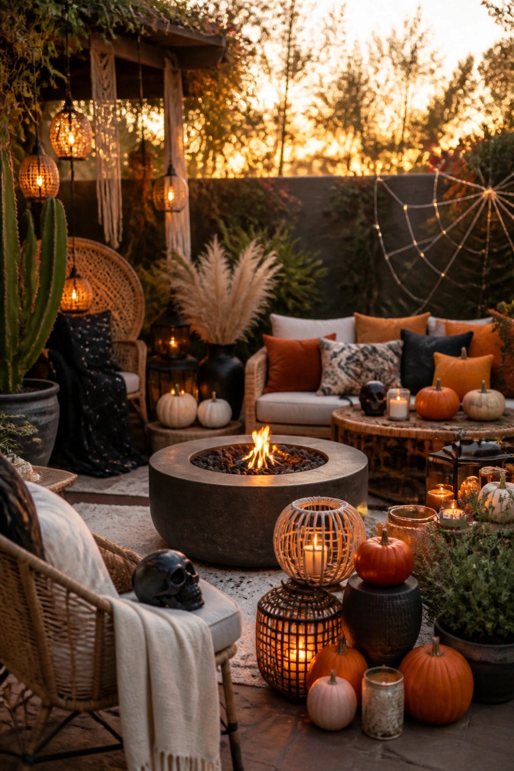 Cozy boho patio with fire pit, pumpkins, skulls, lanterns, and spider web lights at sunset.