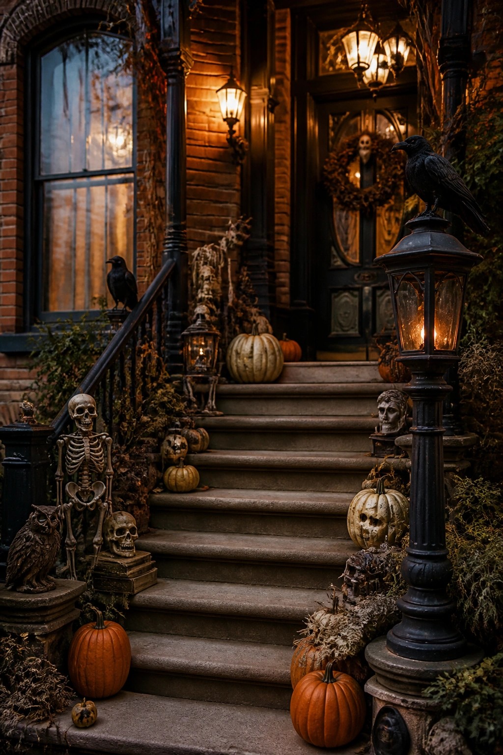 Front porch steps decorated with a standing skeleton, black crows, carved pumpkins, and vintage lanterns beside a brick house entrance.