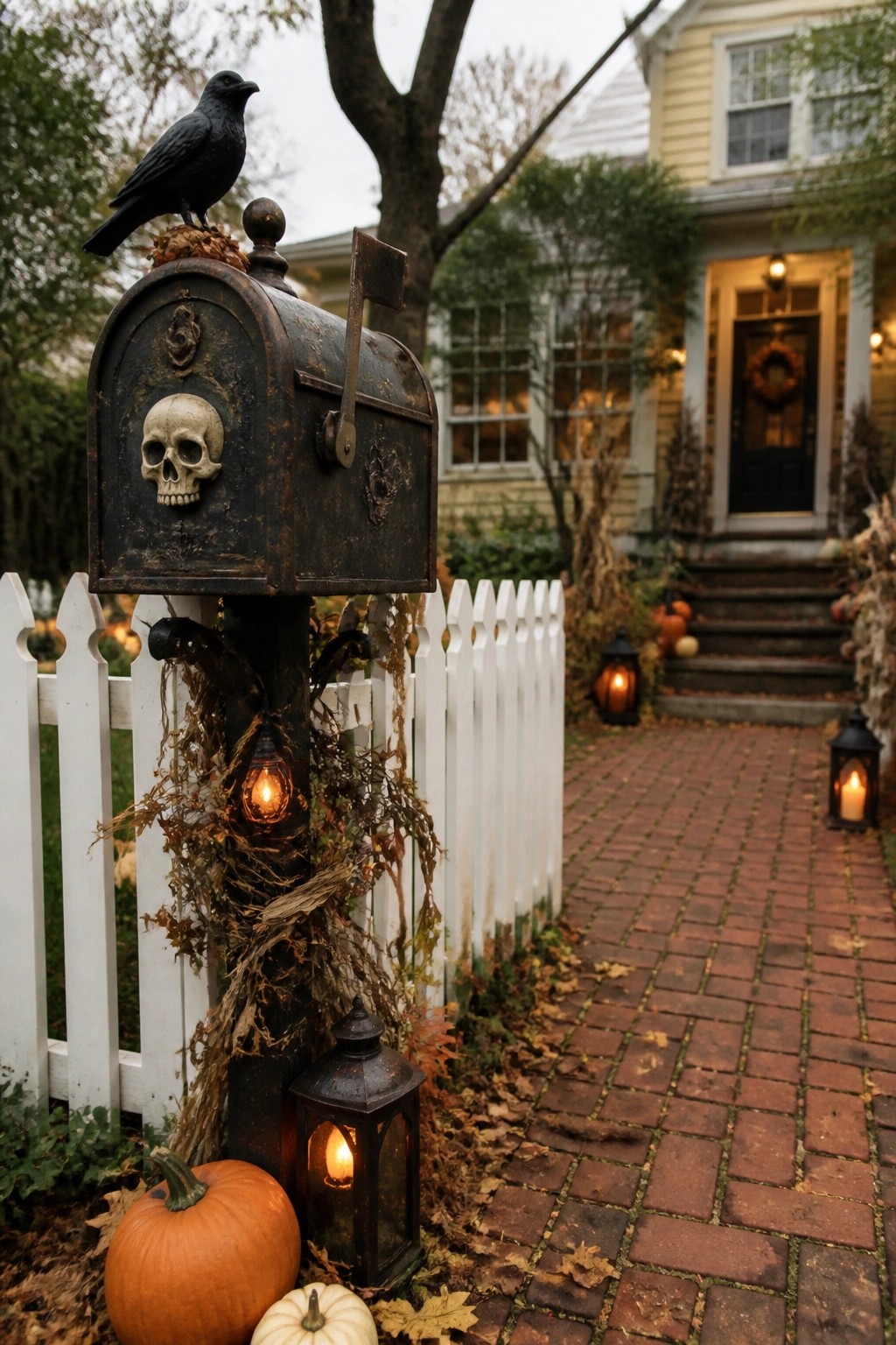 Black mailbox with skull and crow beside pumpkins, lanterns, and white fence on brick path