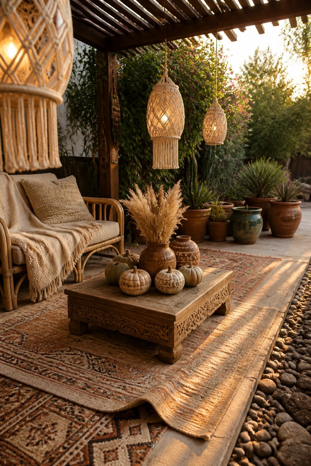 A carved wooden coffee table on layered rugs displays small pumpkins, a vase of dried grass, and clay pots beneath hanging macrame lanterns on a covered outdoor patio.