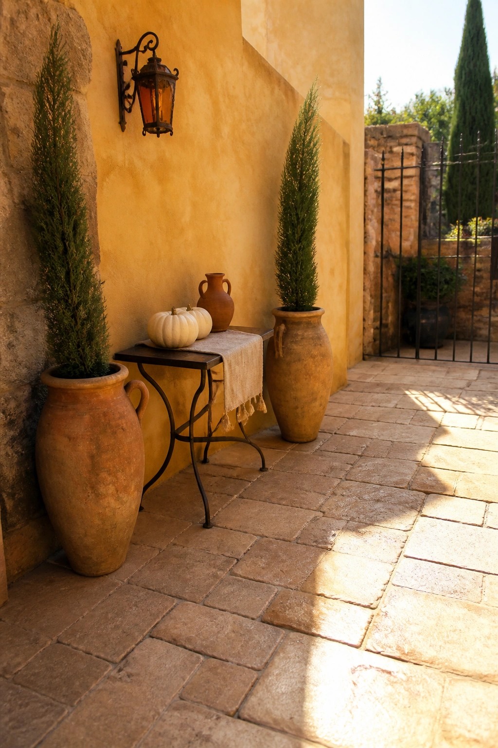 Two terracotta pots with cypress trees flank table with pumpkins on stone patio