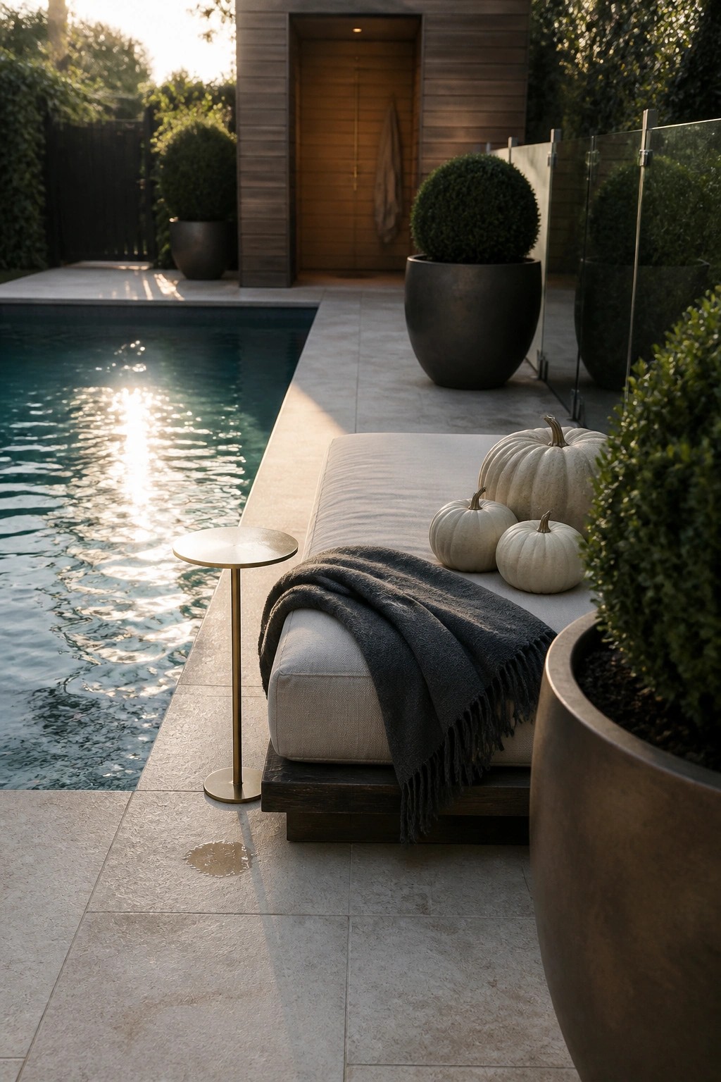 Modern patio lounge by pool with white pumpkins and fringed gray blanket