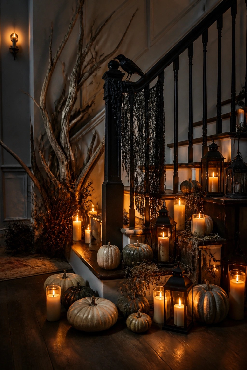 Staircase decorated for Halloween with a black crow on the newel post, black netting draped along the railing, lanterns, and white and green pumpkins at the base.
