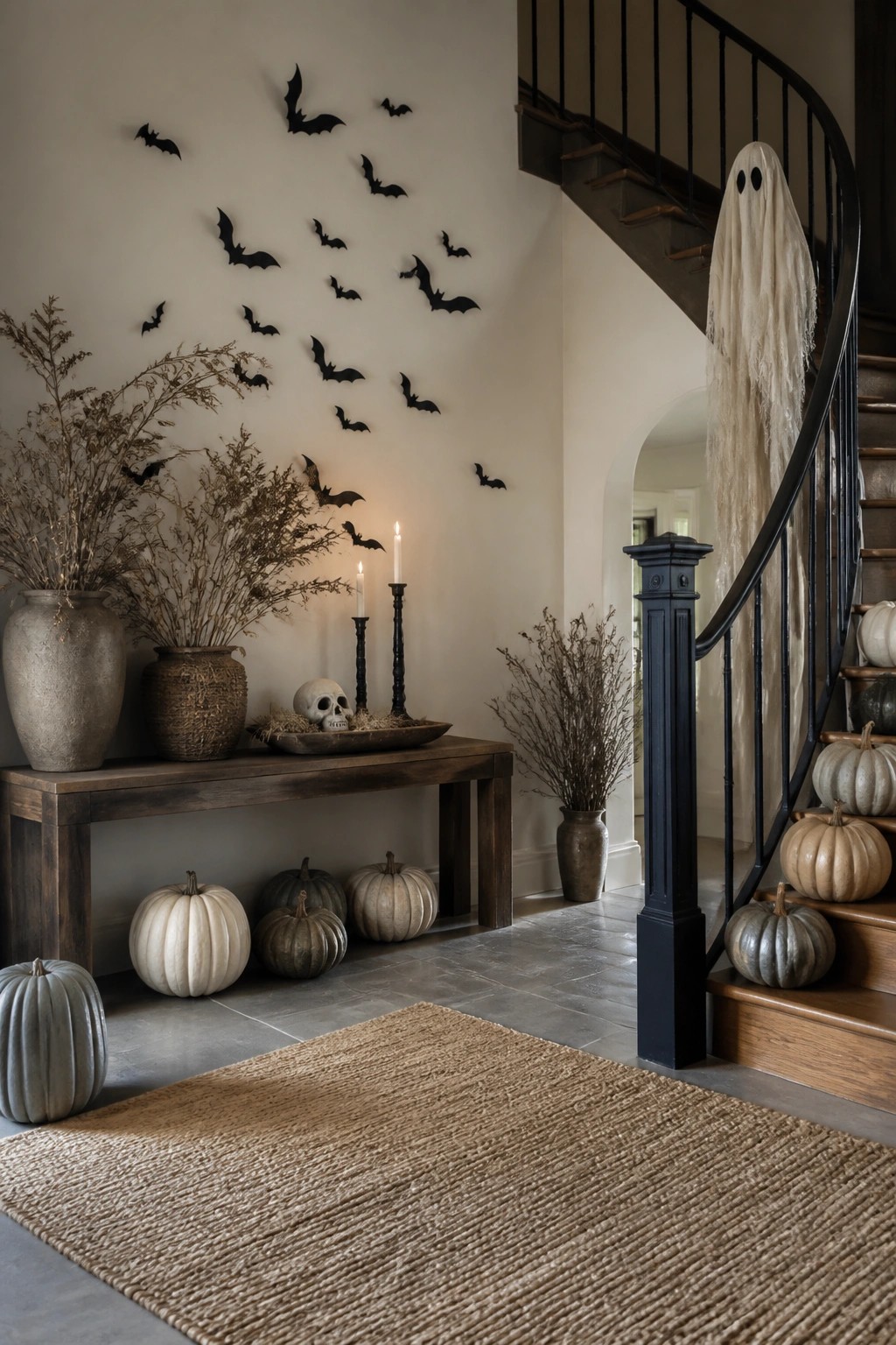 Rustic foyer with bat wall decor, ghost on stairs, pumpkins, candles, and dried florals