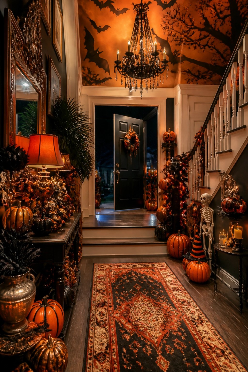 Entryway with black bats covering the orange ceiling and walls, a dark chandelier, pumpkins along the stairs, and a skeleton beside the staircase.