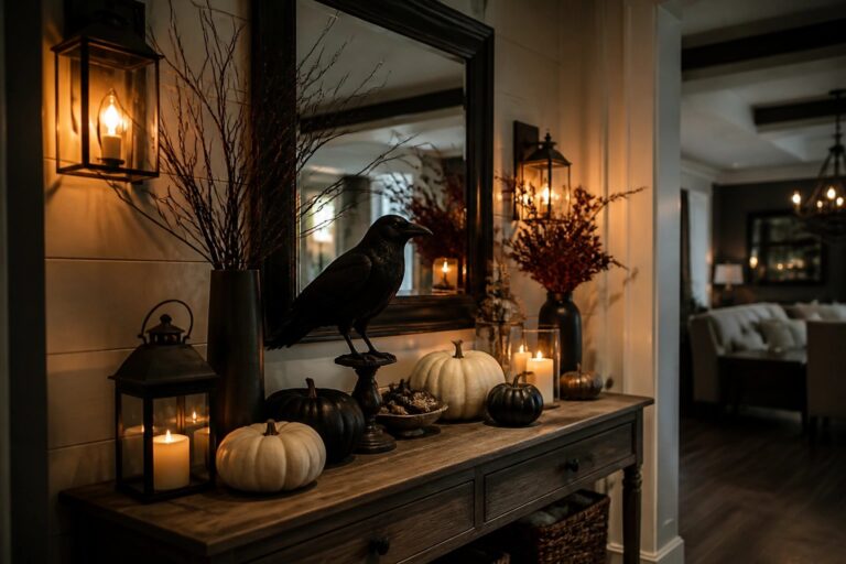 Entryway console table styled with black pumpkins, a black crow figure, lanterns, and candles for Halloween.