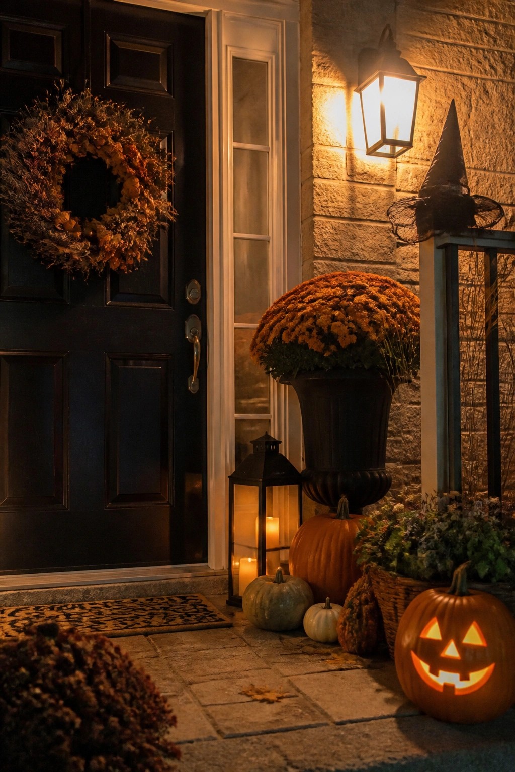 Front entry with a lit carved jack o lantern, several pumpkins, lanterns, and a witch hat arranged on the steps beside a dark door.