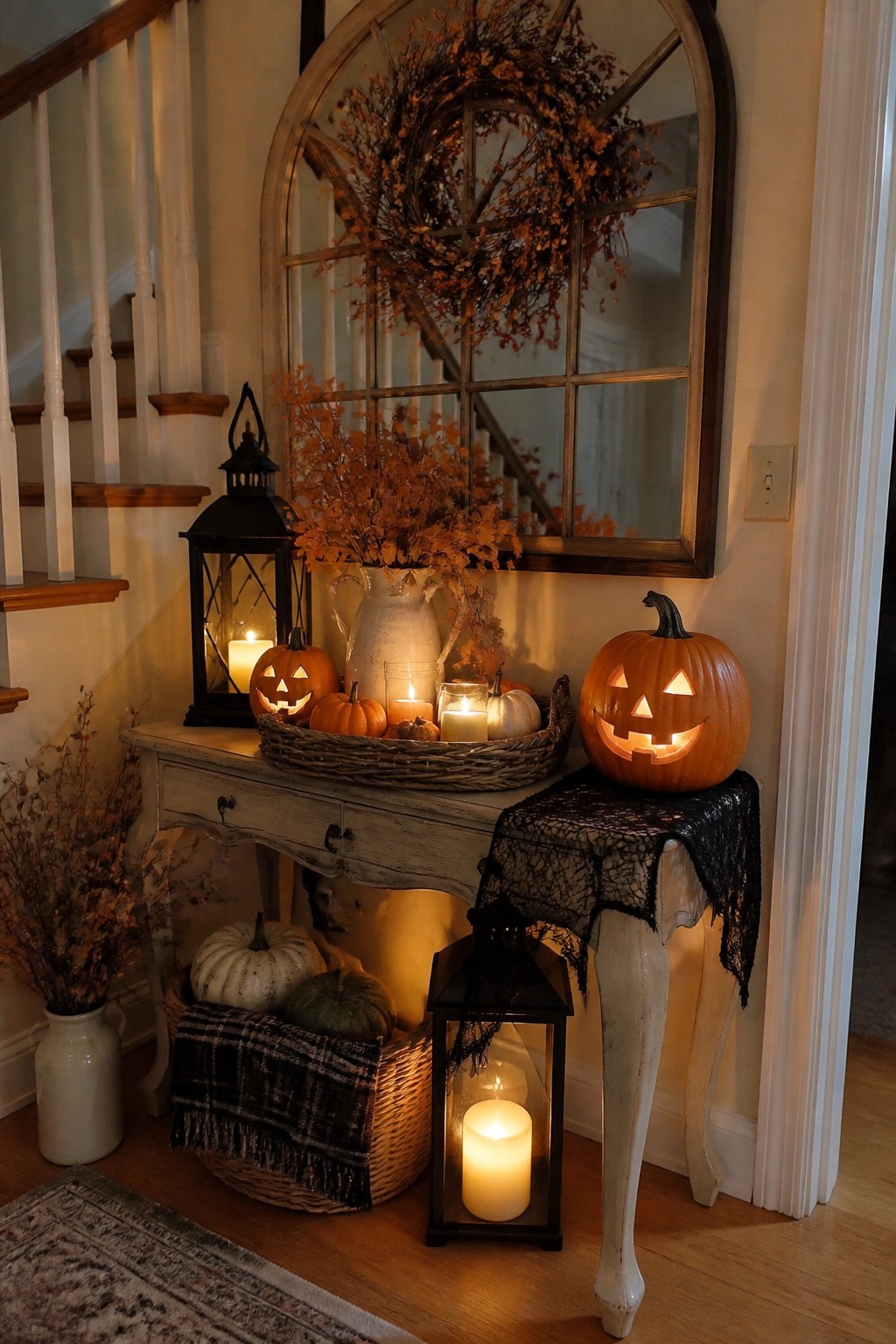 Entryway console table styled with several glowing carved jack o' lanterns, black lace fabric, and lanterns.