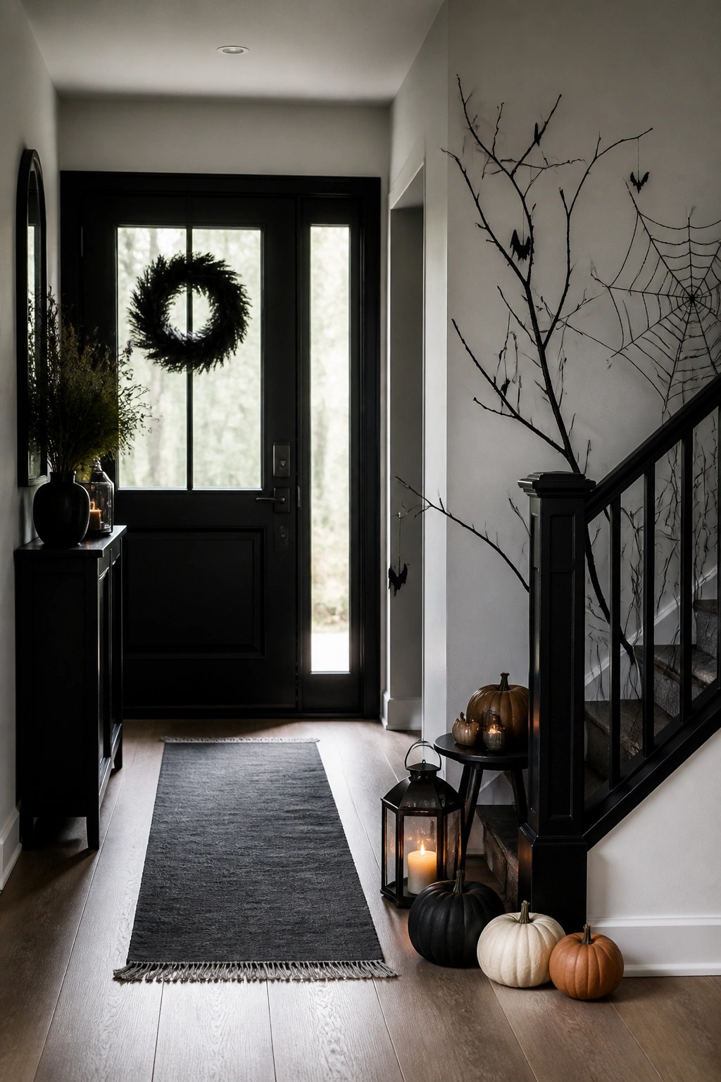 Entryway showing a black front door with a wreath and a light wall decorated with black branches, bats, and a large spiderweb near the staircase.