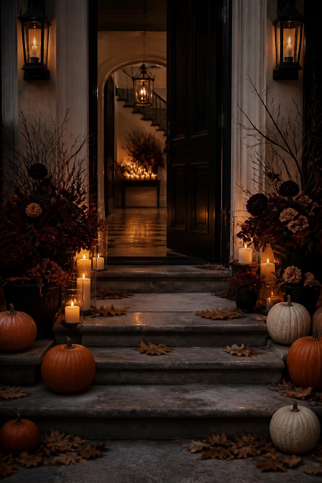 Entry steps lined with orange and white pumpkins, glass candle holders, and lanterns beside an open dark door.