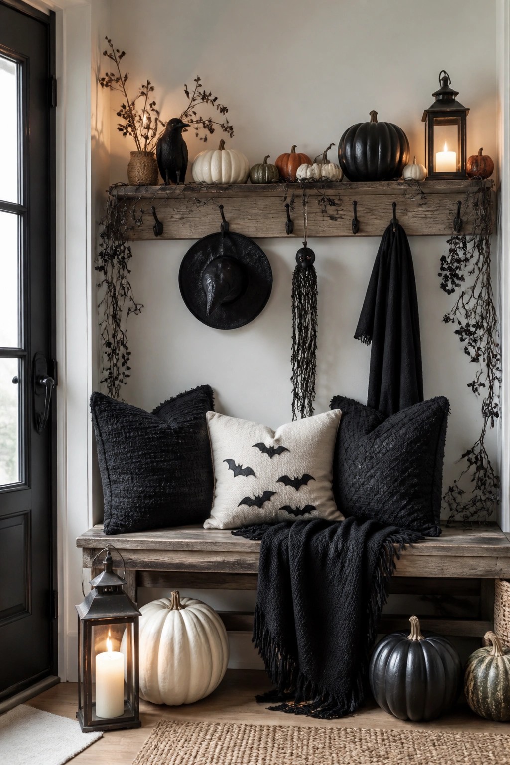 Entry bench with a central bat pillow, black pillows, a black throw, white and black pumpkins, a witch hat, and a crow on the shelf above.