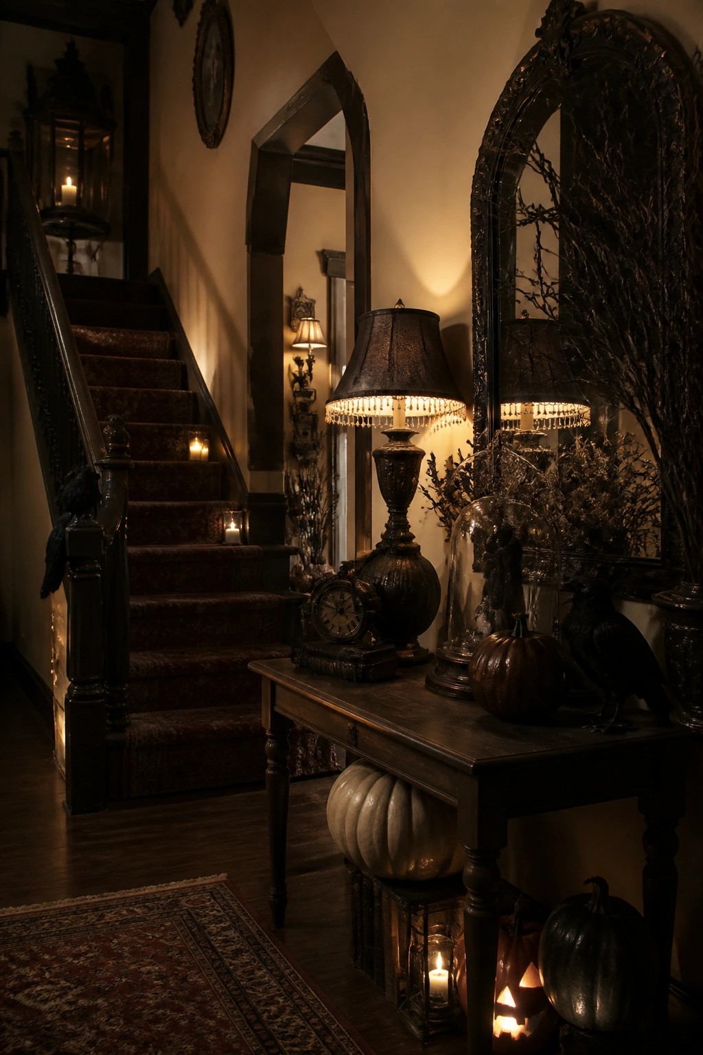 Gothic Halloween foyer with dark staircase, ornate mirror, pumpkins, crows, and candlelight.