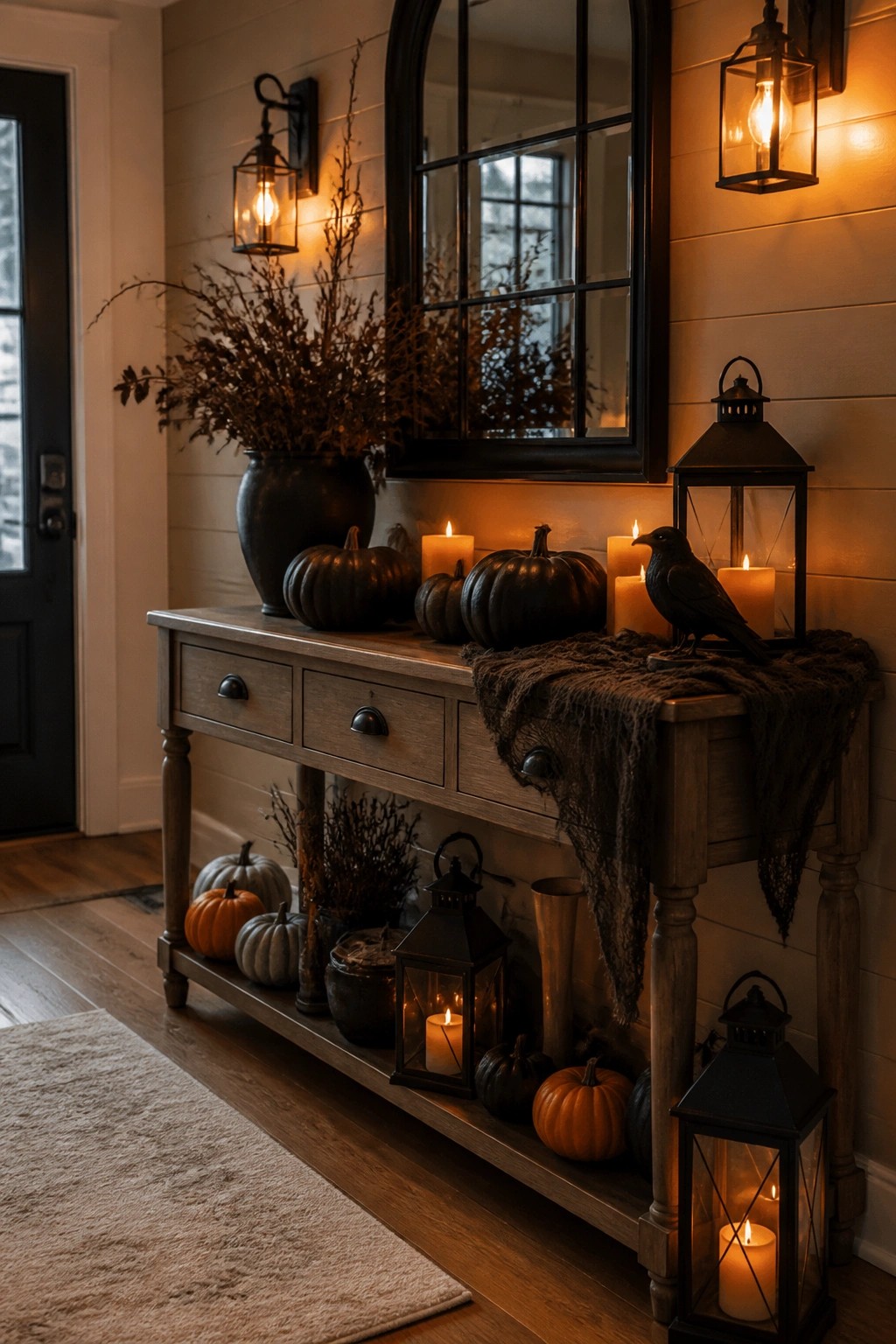 Entryway console table styled with black pumpkins, a black crow figure, lanterns, and candles for Halloween.