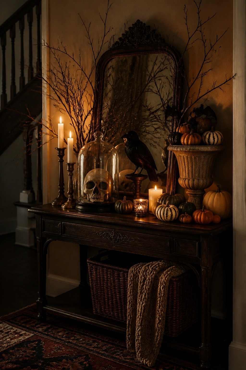 Dark wood console table in an entryway with a skull under a glass cloche, a black crow figurine, lit candles, and small pumpkins arranged on top.