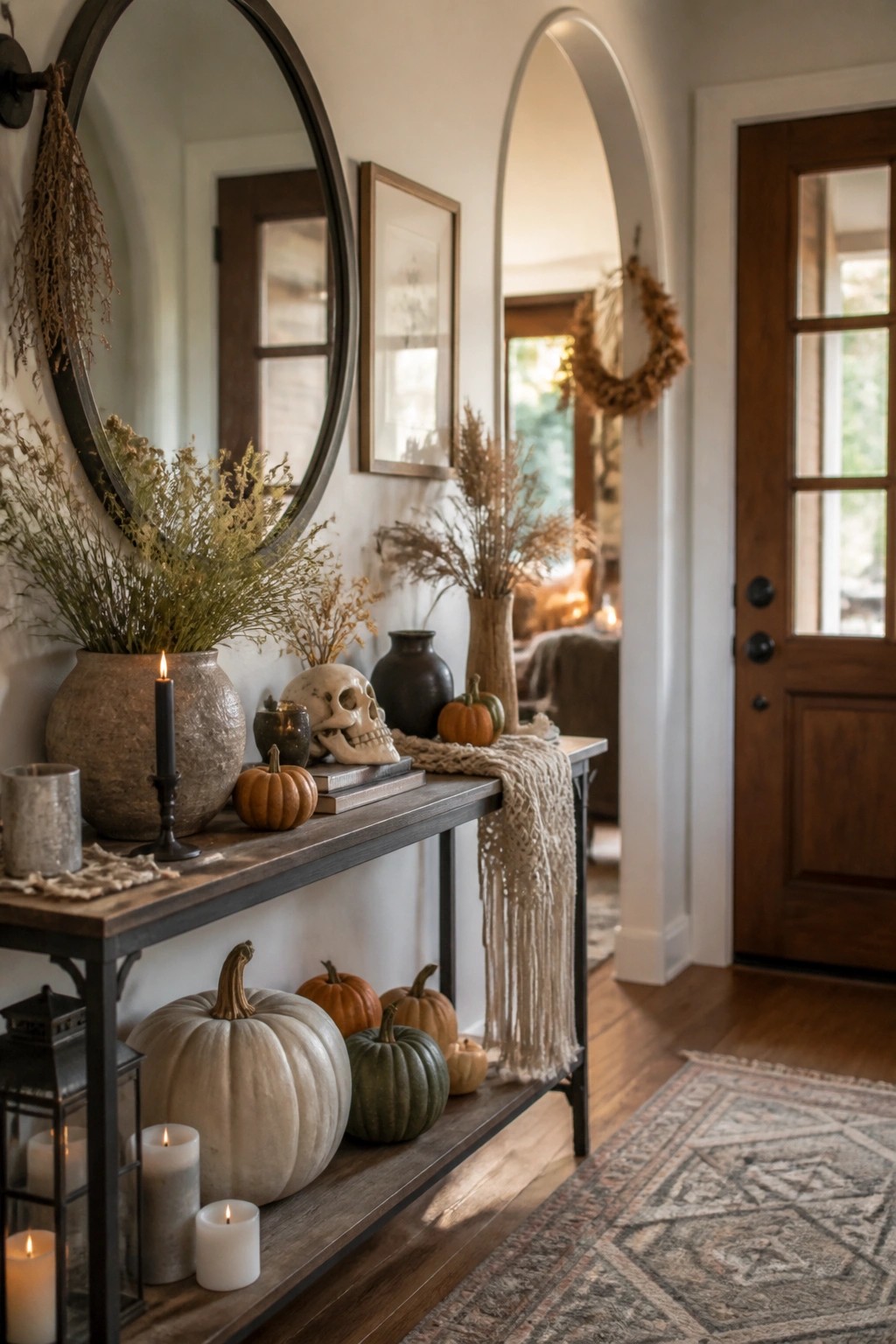 Entryway console table styled with a human skull, small pumpkins, dried stems in vases, and candles.