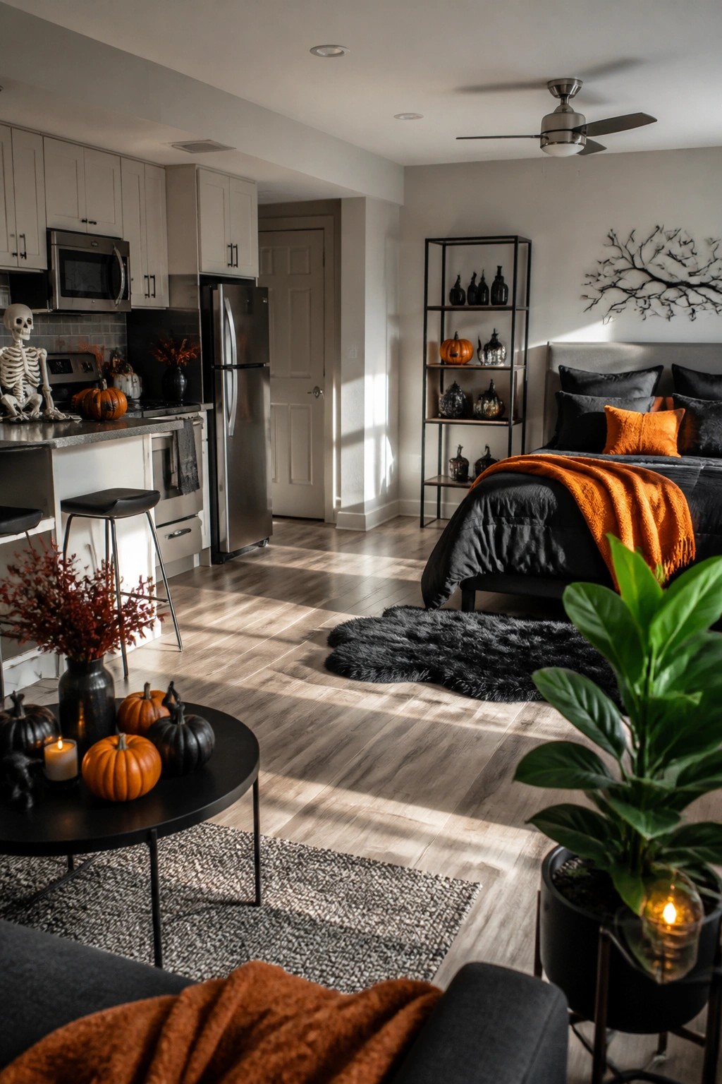 Open apartment interior with a decorative skeleton on the kitchen counter surrounded by pumpkins and black decor accents.