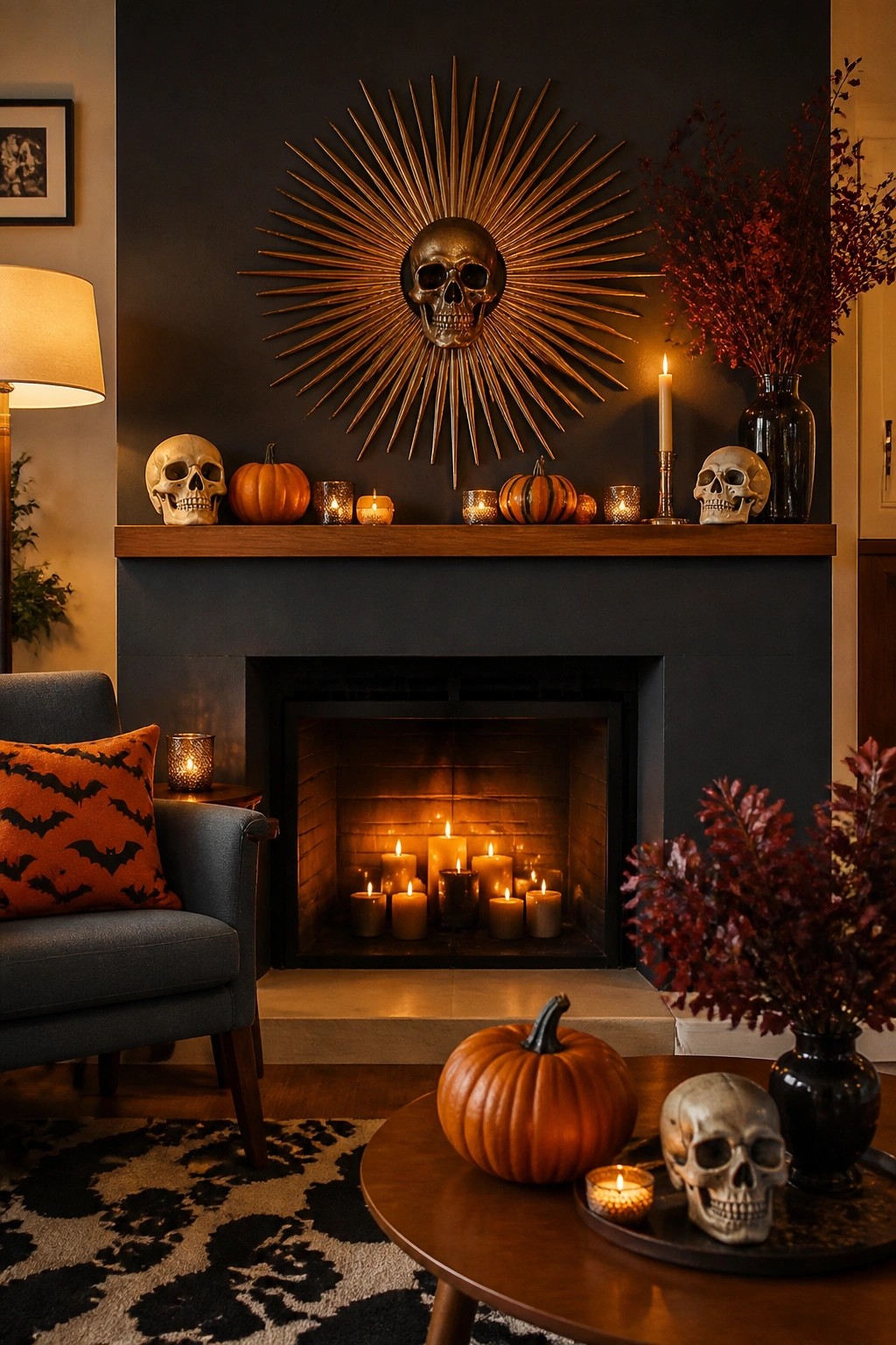 Fireplace mantel styled with skulls, pumpkins, and candles beneath a large sunburst skull decoration.