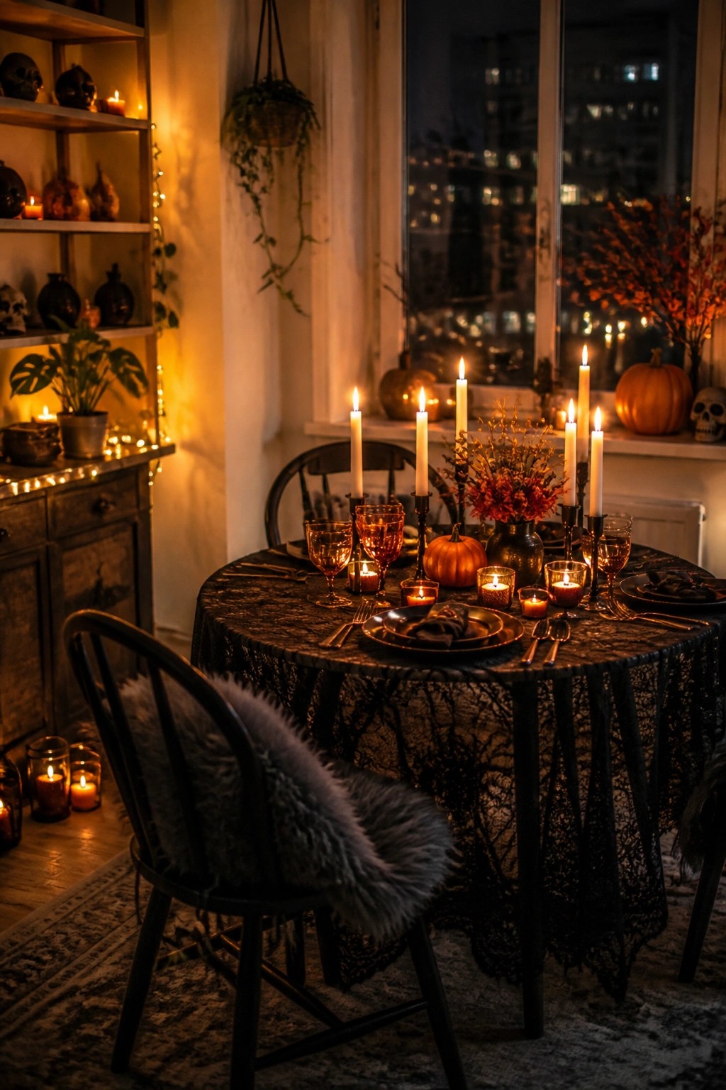 Round dining table set with black lace cloth, white candles, dark plates, and small pumpkins in a dimly lit apartment dining area.