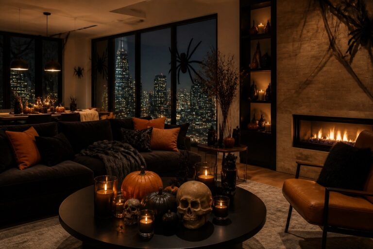 Living room with black bat decorations arranged around a round mirror on the wall, a skull centerpiece on the coffee table, and several lit jack-o'-lanterns.
