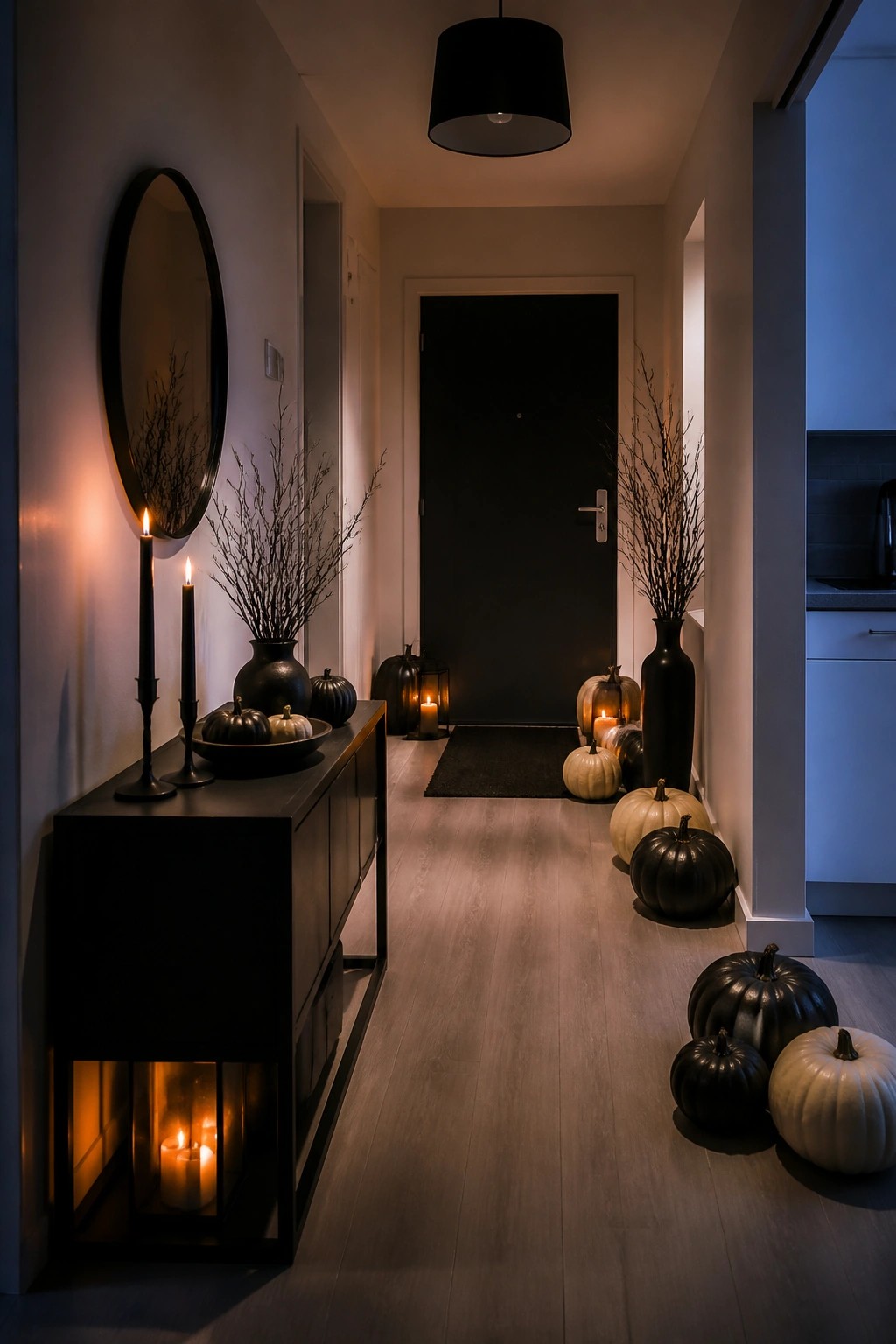 Narrow apartment entryway with black and white pumpkins lined along the floor and console, black branches in vases, and lit candles near a dark front door.