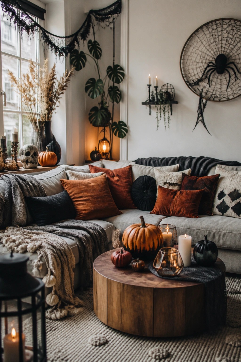 Living room with a large circular spiderweb and black spider mounted on the wall above a gray sectional sofa.