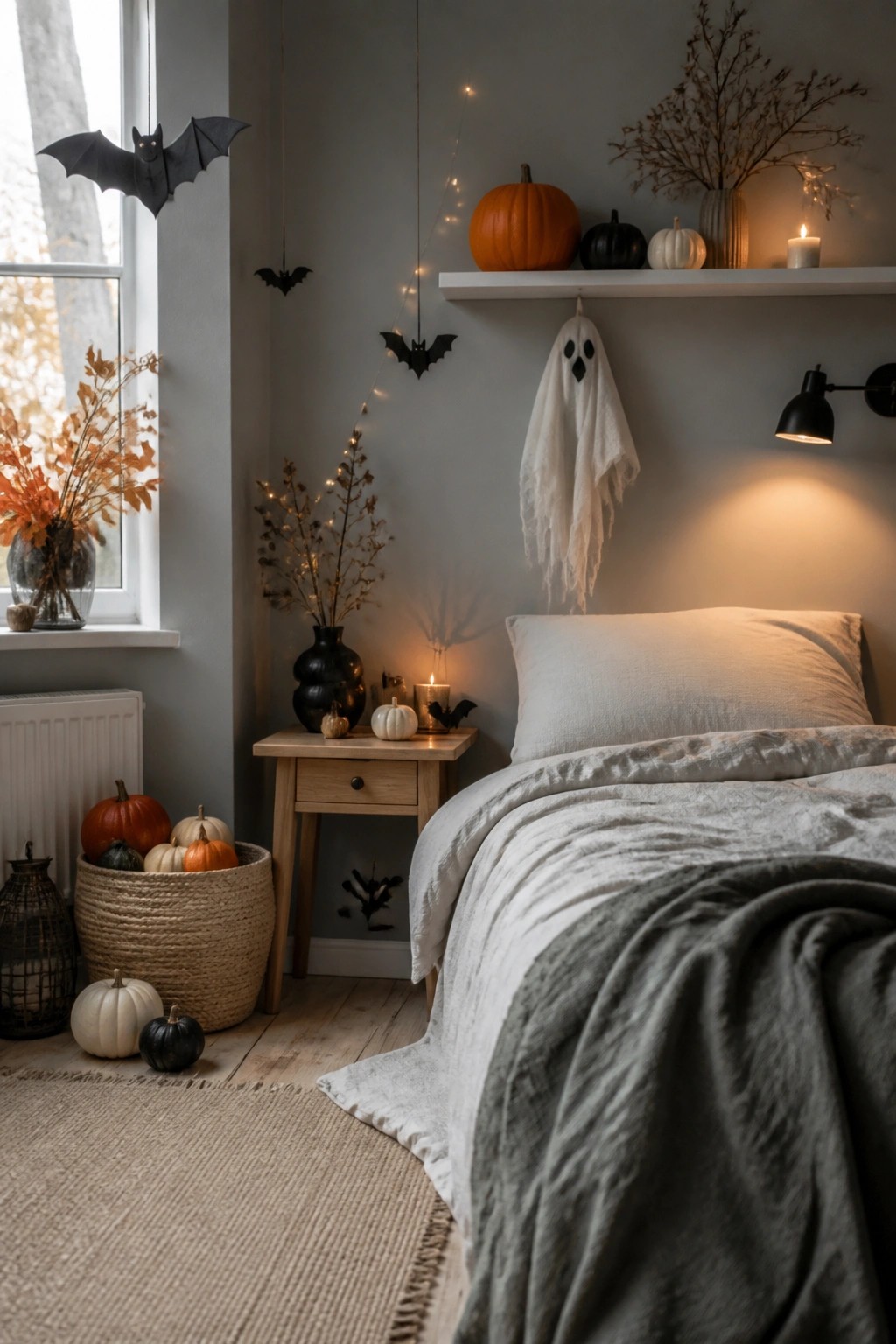 Cozy gray bedroom with Halloween pumpkins, hanging bats, ghost, and string lights