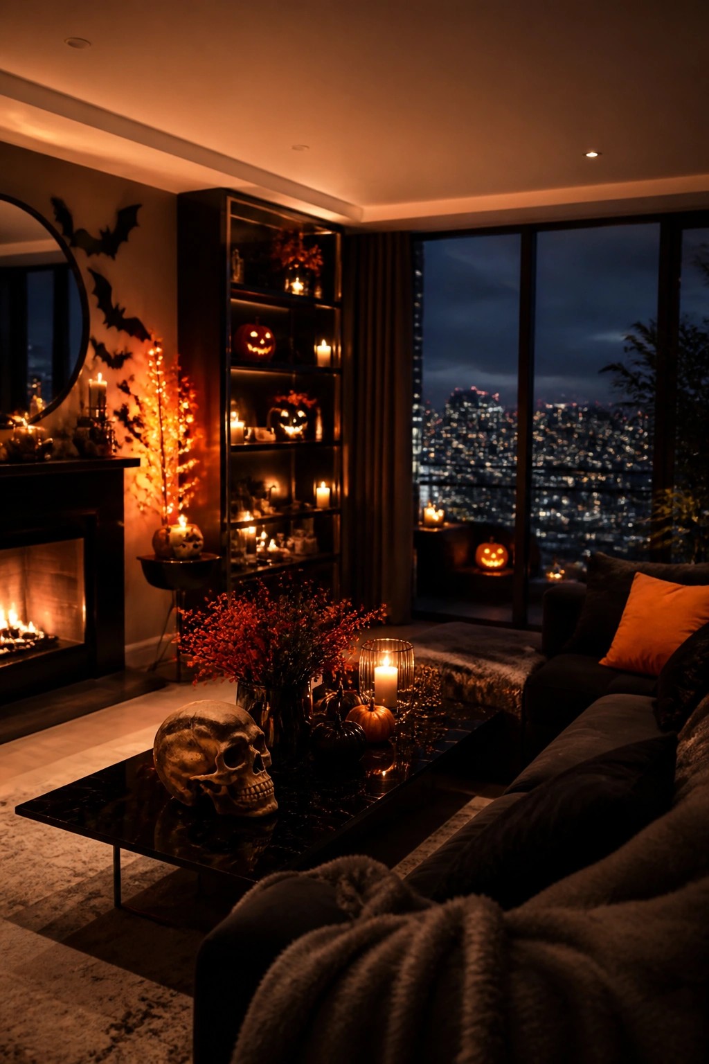 Living room with black bat decorations arranged around a round mirror on the wall, a skull centerpiece on the coffee table, and several lit jack-o'-lanterns.