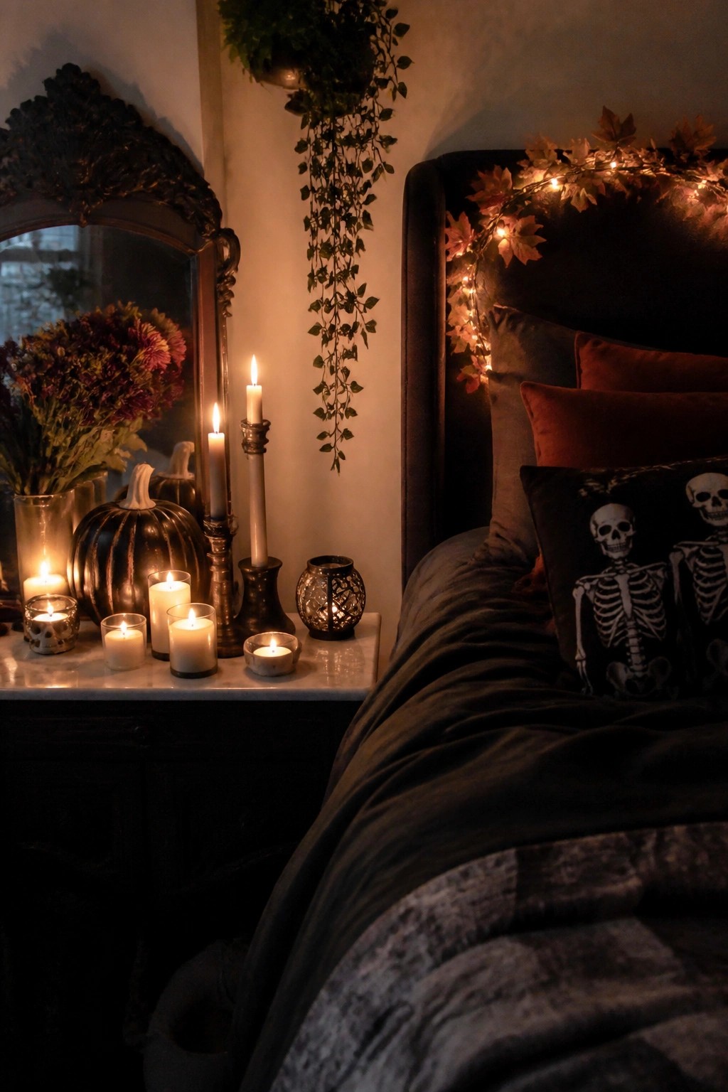 A bedroom with dark bedding and multiple pillows printed with white skeletons, plus several lit candles and string lights on the headboard.