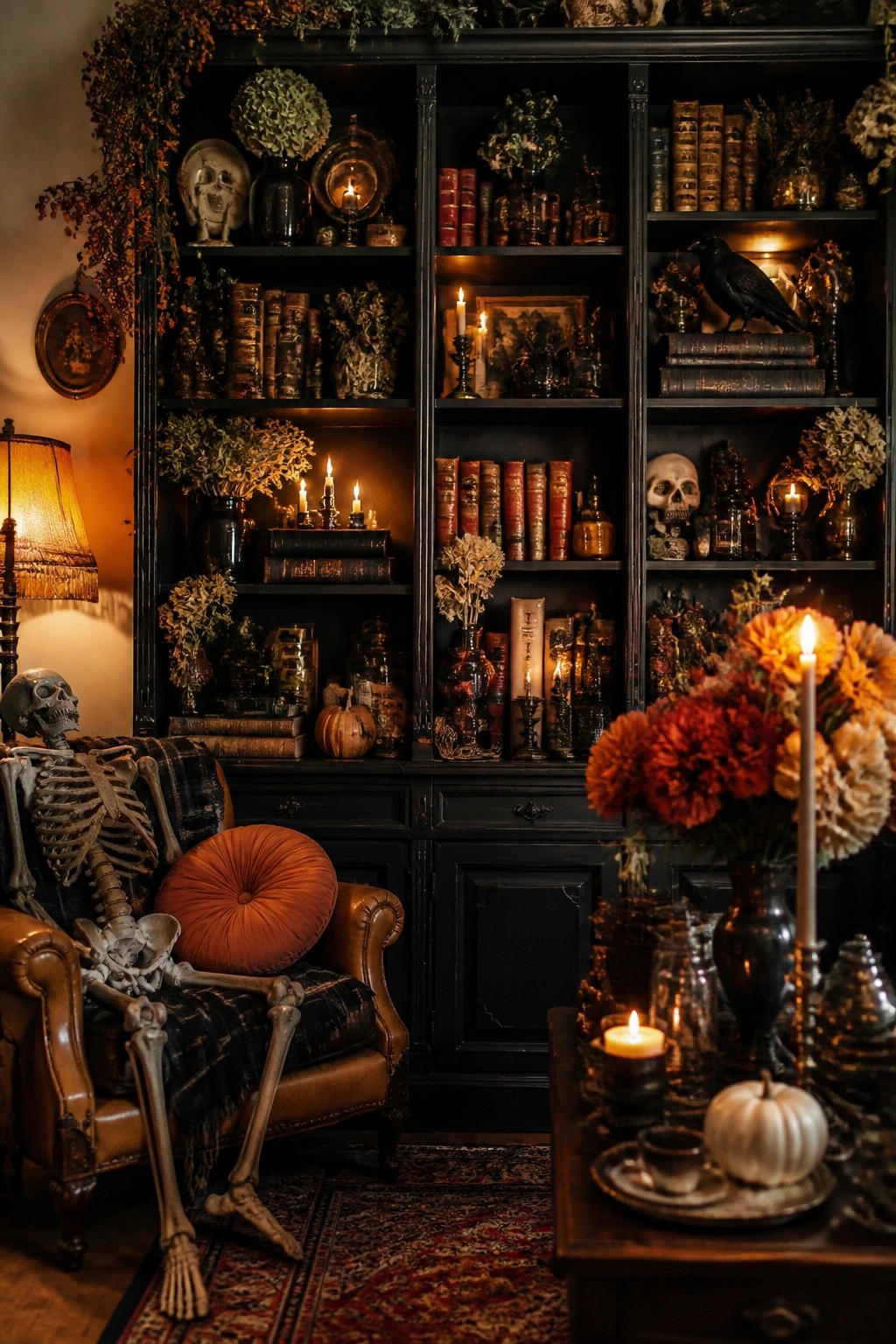 Living room with a skeleton seated in a brown leather armchair in front of a black bookshelf filled with books, skulls, candles, and a black crow.