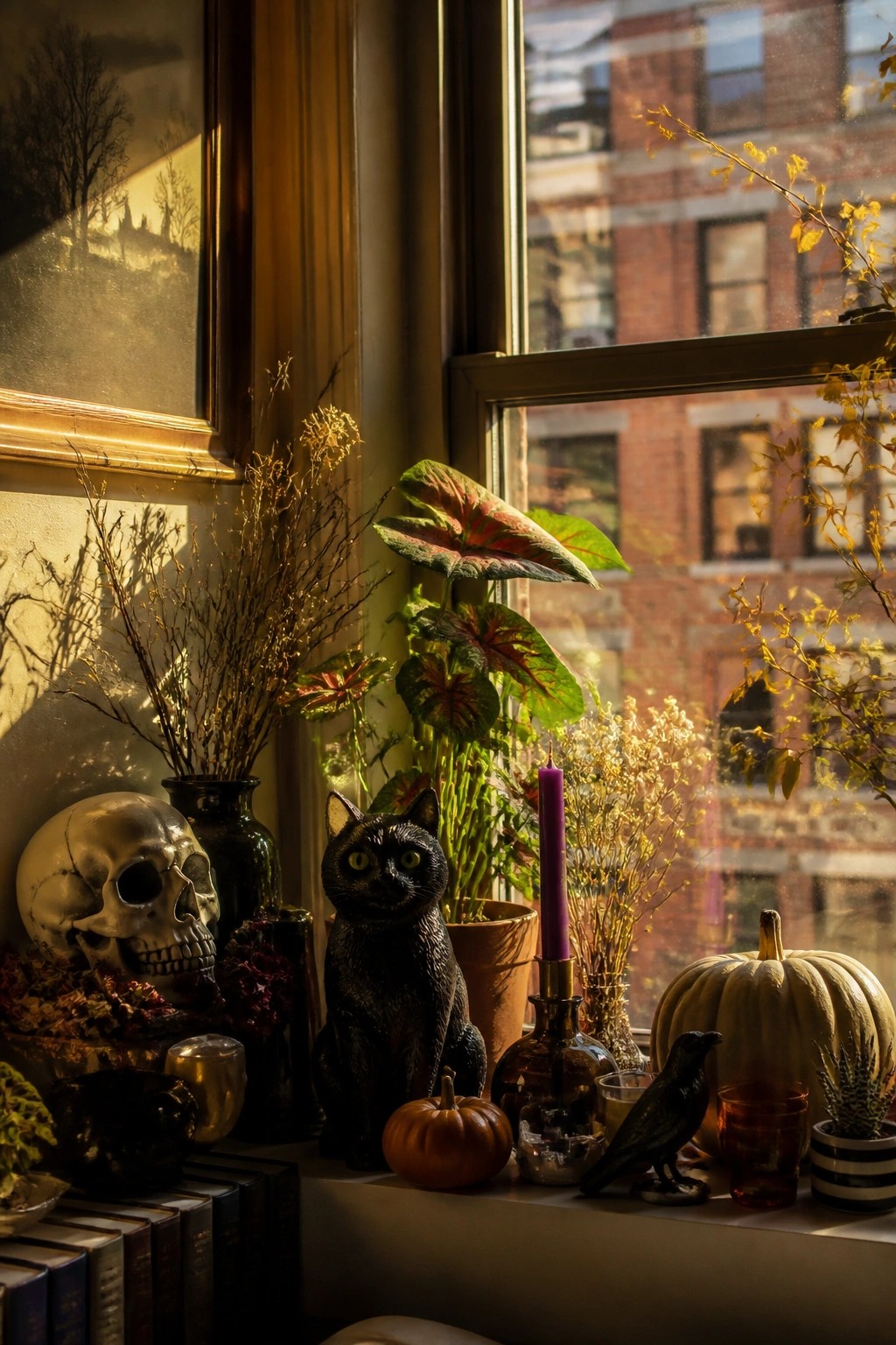 Windowsill with a black cat figurine, skull, crow, small pumpkins, and a purple candle arranged in front of a window.