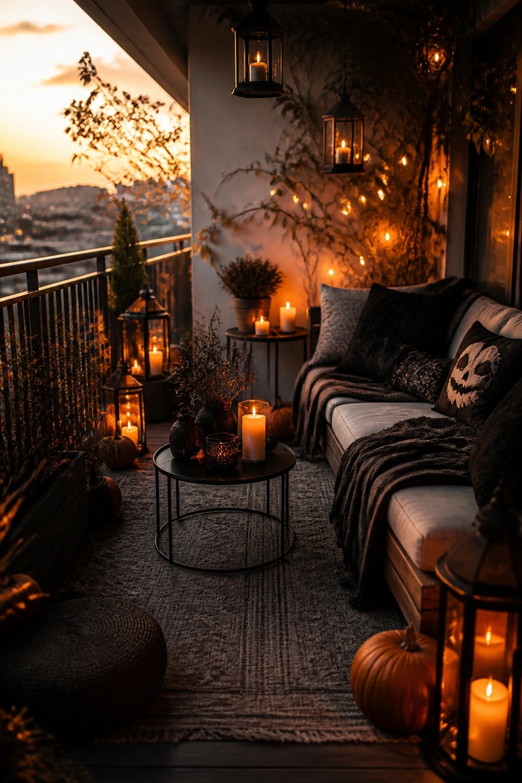 Small apartment balcony decorated for Halloween with a sofa, jack-o'-lantern pillow, pumpkins, and lanterns at dusk.