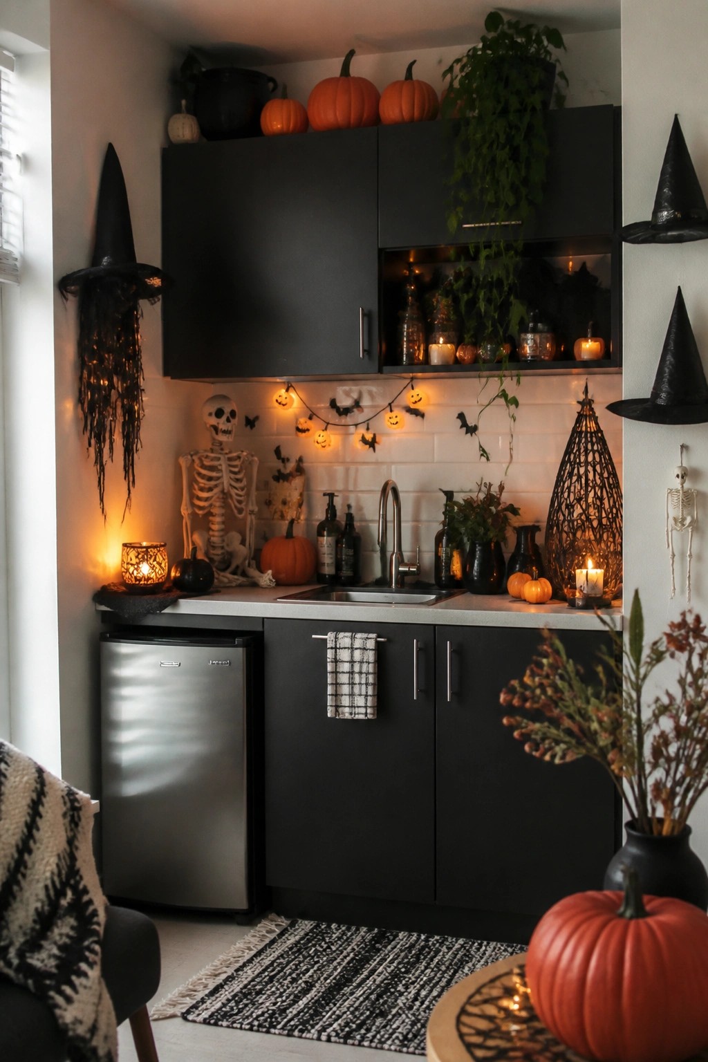 Small kitchen with a decorative skeleton standing on the counter, bat and pumpkin string lights above the sink, and black witch hats hanging on the walls.