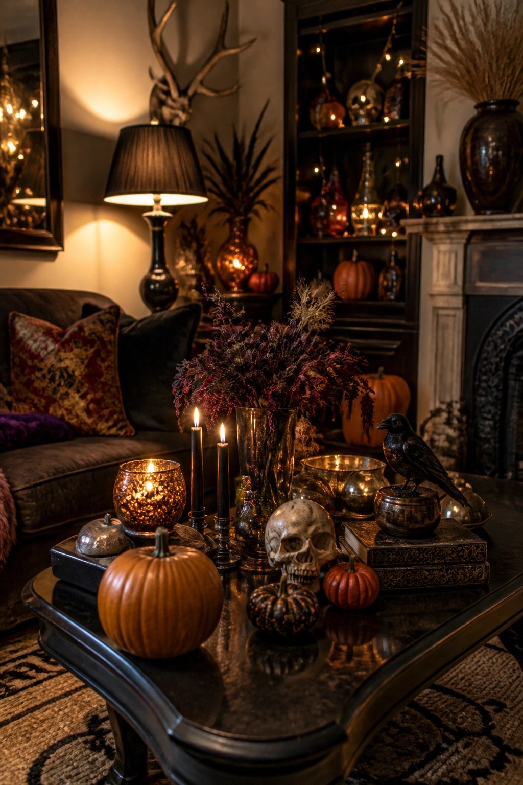 Dark living room coffee table with pumpkins, skull, candles, crow, and autumn decor