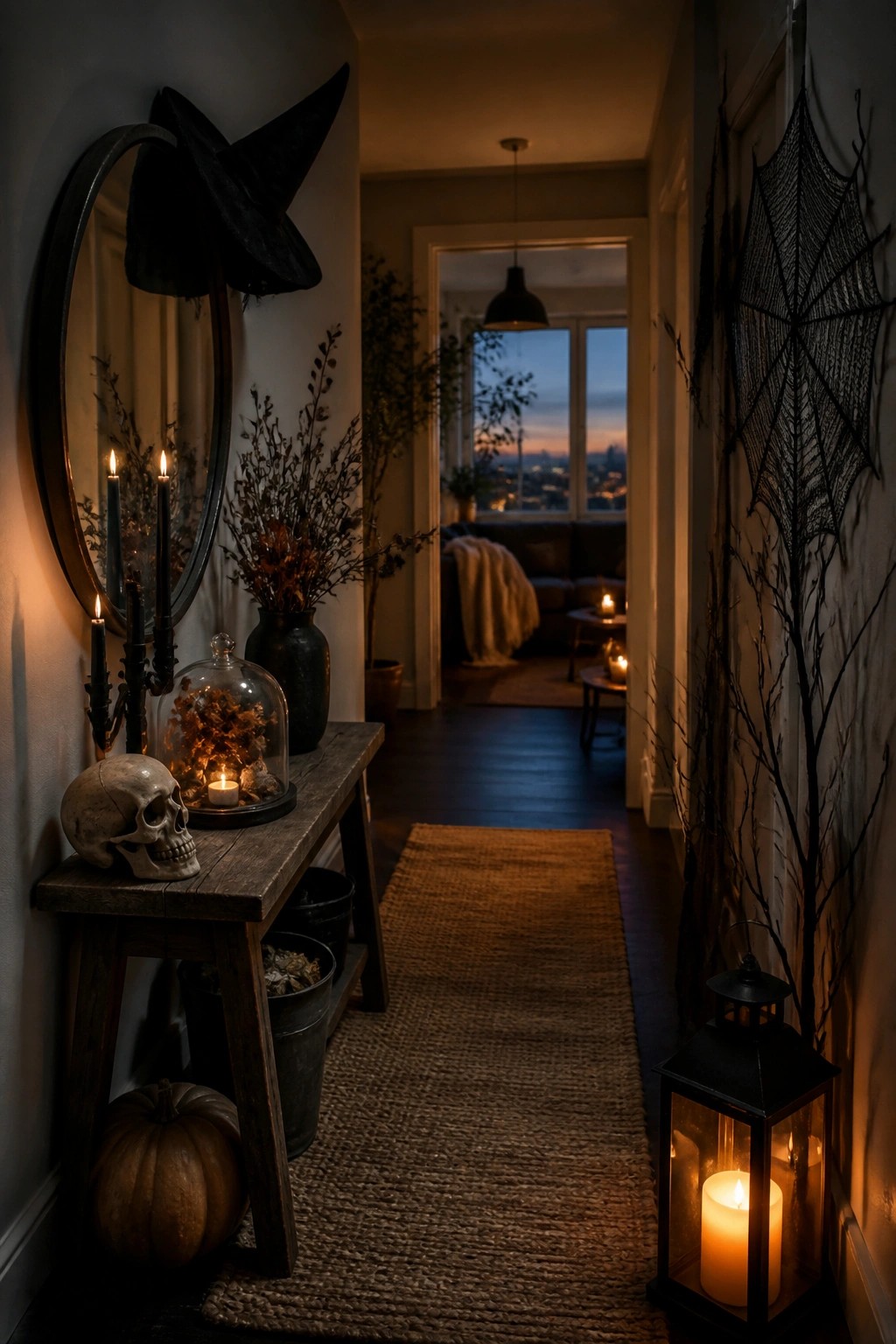 Narrow apartment entryway with a round mirror topped by a black witch hat, a skull on a wooden console, black candles, and a large spiderweb decoration on the right wall.