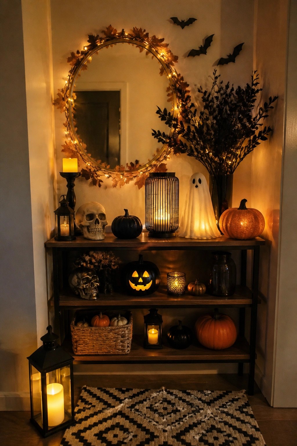 Entryway console decorated with a ghost figure, black bats on the wall, skulls, carved pumpkins, and lanterns around a round mirror.