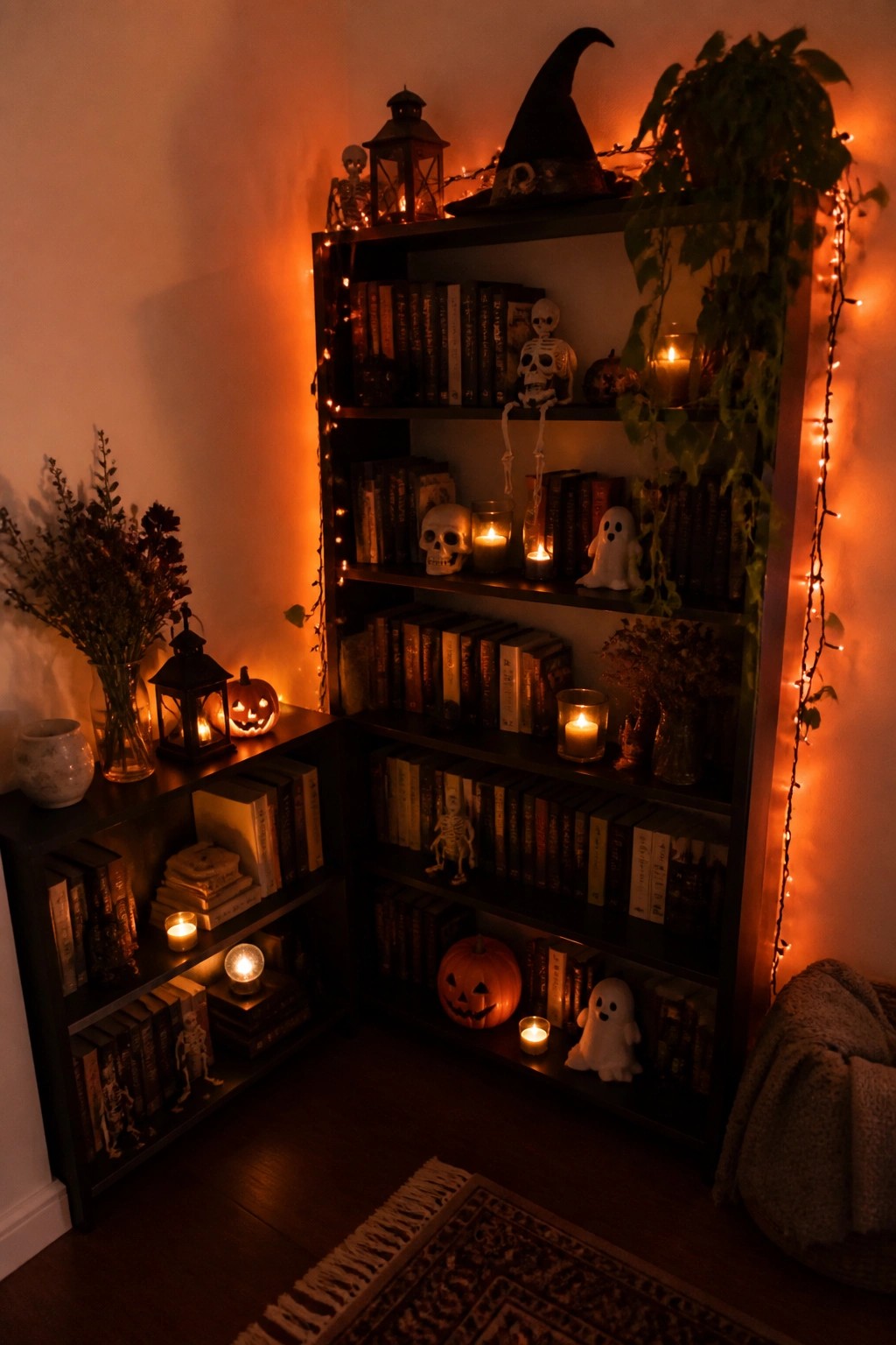Dark corner bookshelf filled with books, plastic skeletons, white ghost figures, small pumpkins, and string lights for Halloween.