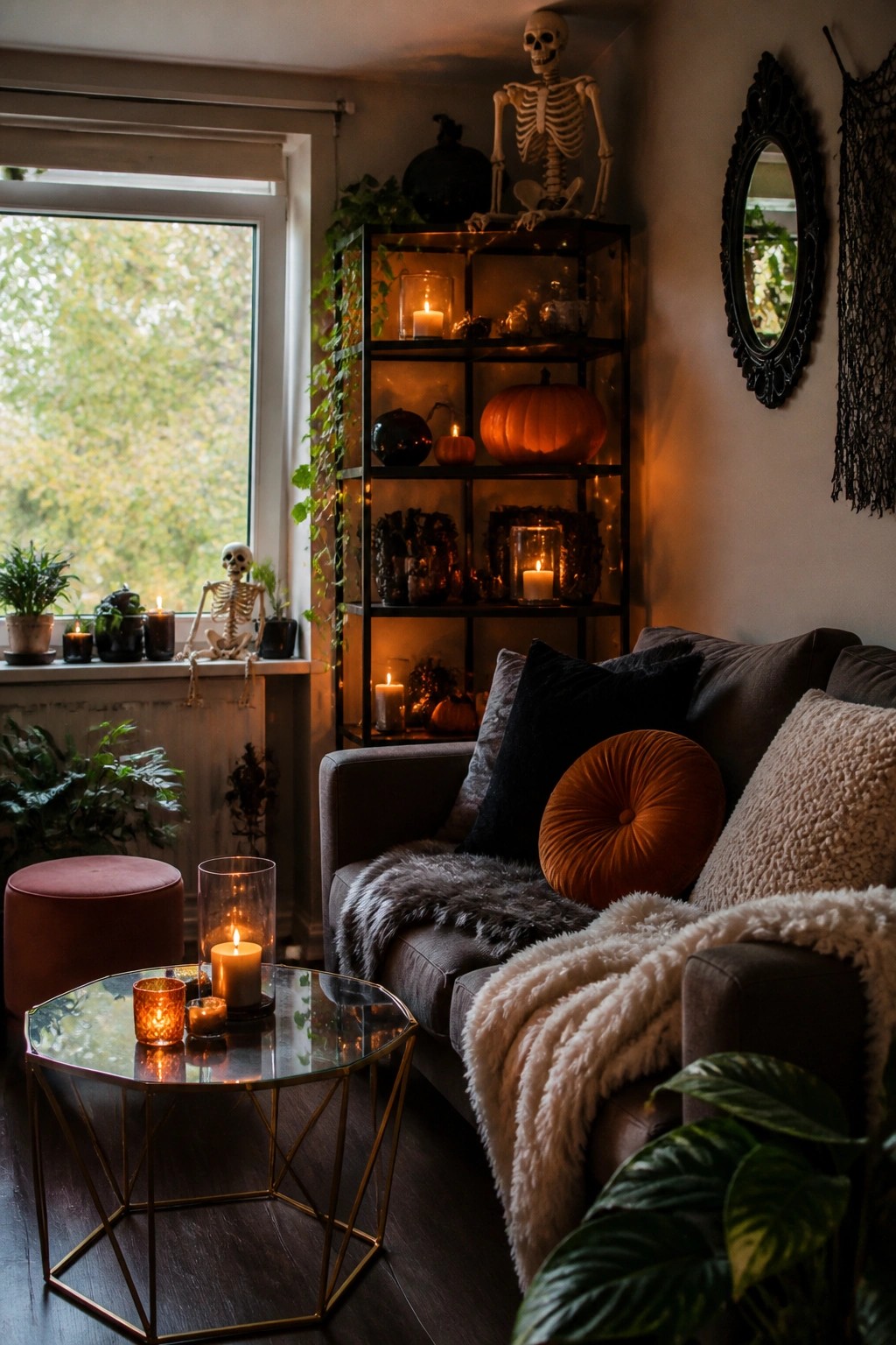 Cozy living room with skeletons, pumpkins, candles, and a fur-draped gray sofa.