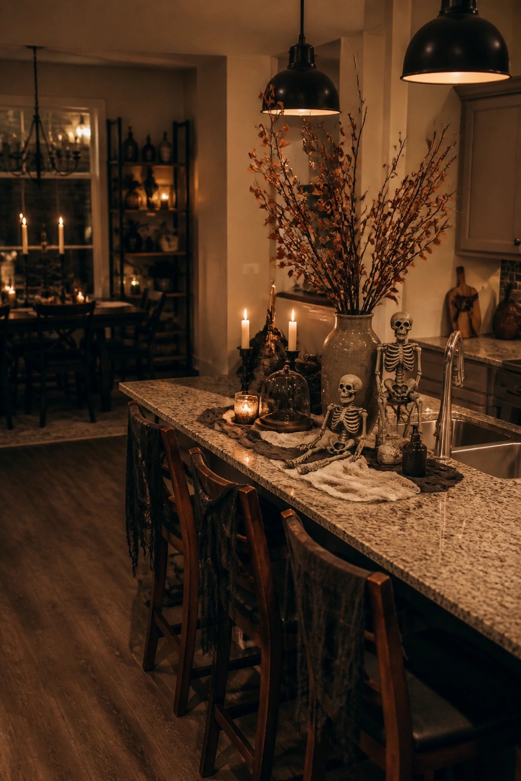 Kitchen island with two skeletons, lit candles, and vase of dried branches