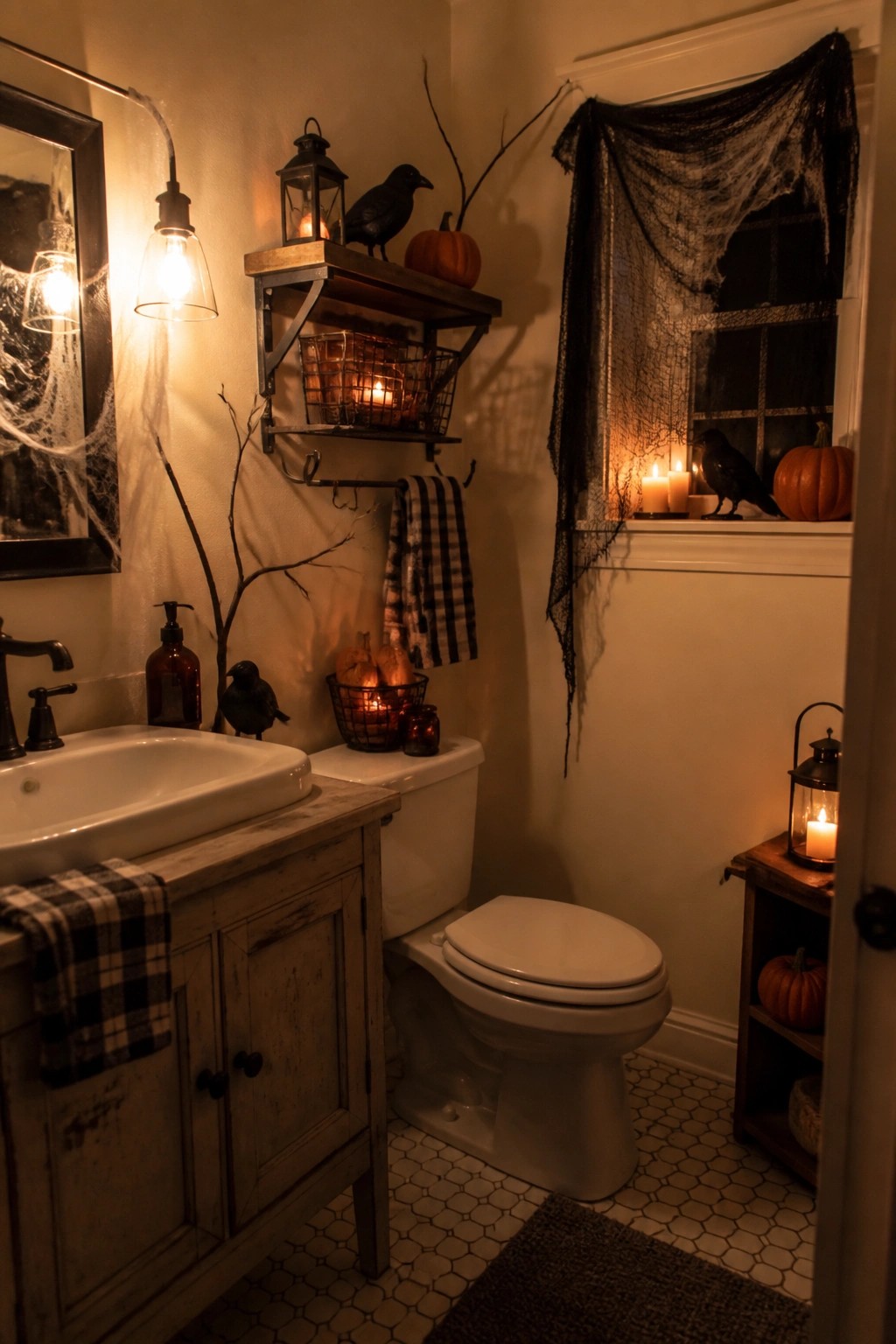 A bathroom decorated for Halloween with black crows, spiderwebs, pumpkins, and lanterns placed around the sink, toilet, and window area.