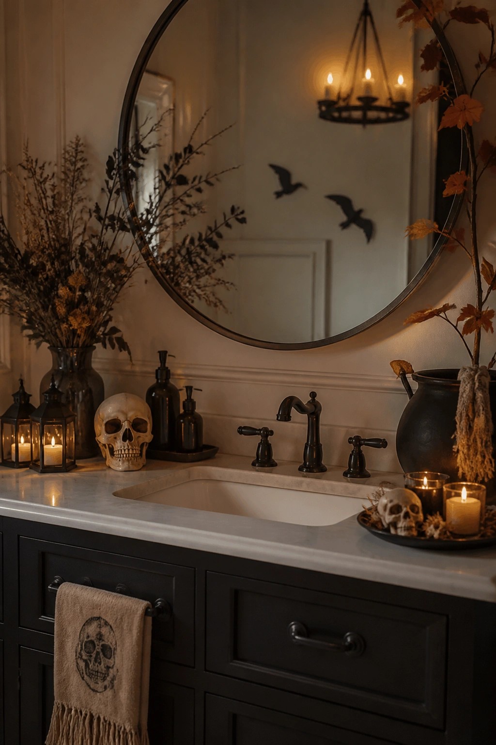 Bathroom vanity with multiple skulls placed on the white countertop next to a dark sink, black soap bottles, and lit candles.