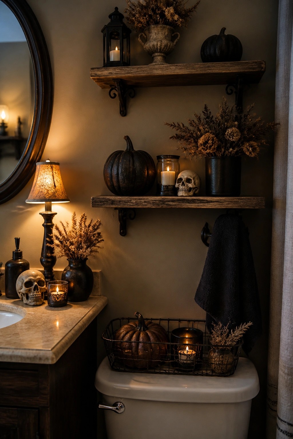 Bathroom with black pumpkins, skulls, and candles arranged on wooden shelves, vanity counter, and a wire basket on the toilet.