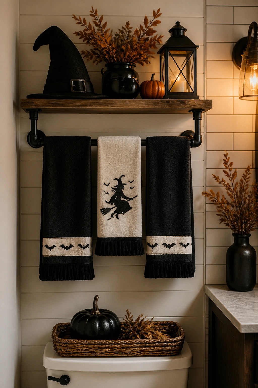 Bathroom with black and white towels featuring a witch and bats hanging on a rack below a wooden shelf.