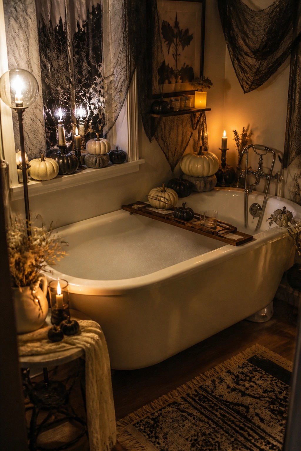 White clawfoot bathtub in a bathroom with black sheer spiderweb fabric draped over the window and walls, pumpkins, and lit candles on the windowsill and tub tray.