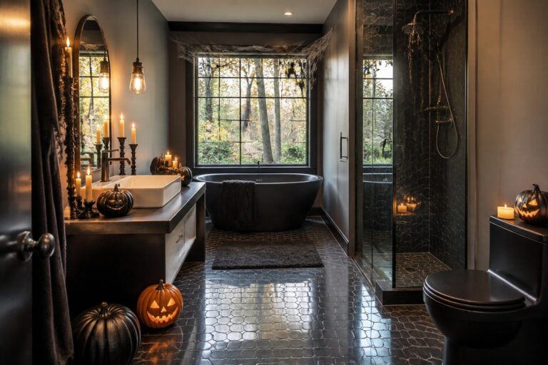 Bathroom with a large Halloween wreath containing skulls mounted on a dark wall above a white toilet.