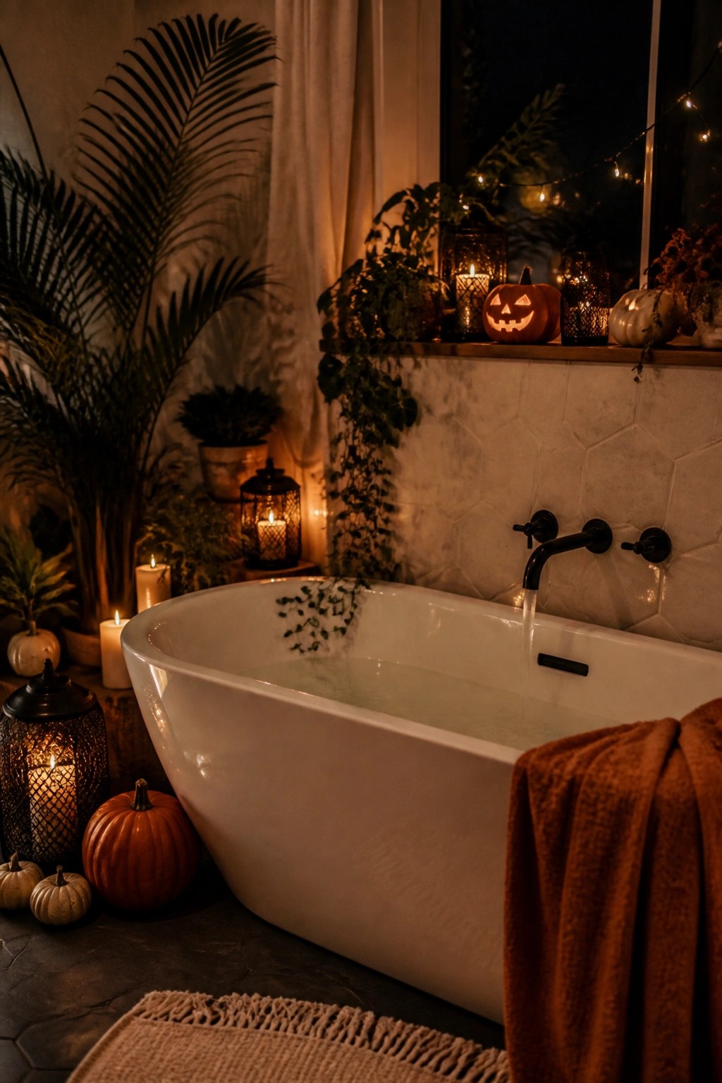 White freestanding bathtub with water running from the faucet and several carved jack o lanterns glowing on the ledge above it.