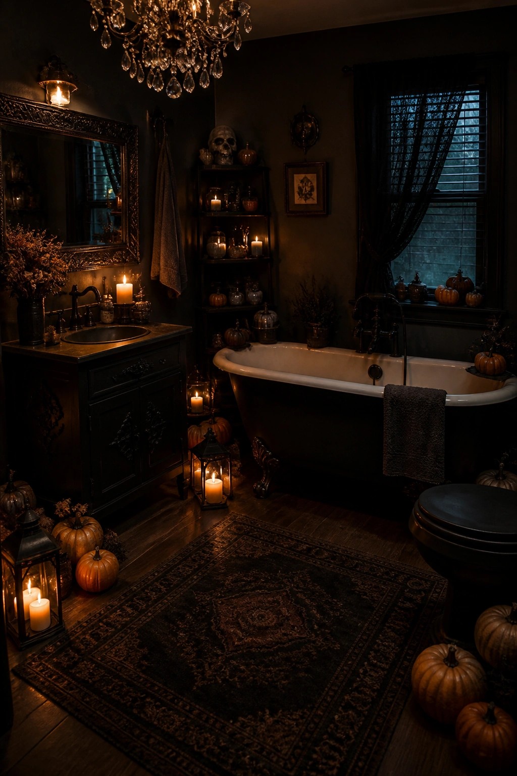 Dark bathroom featuring open shelves styled with skulls, small pumpkins, and lit candles beside a black clawfoot tub.