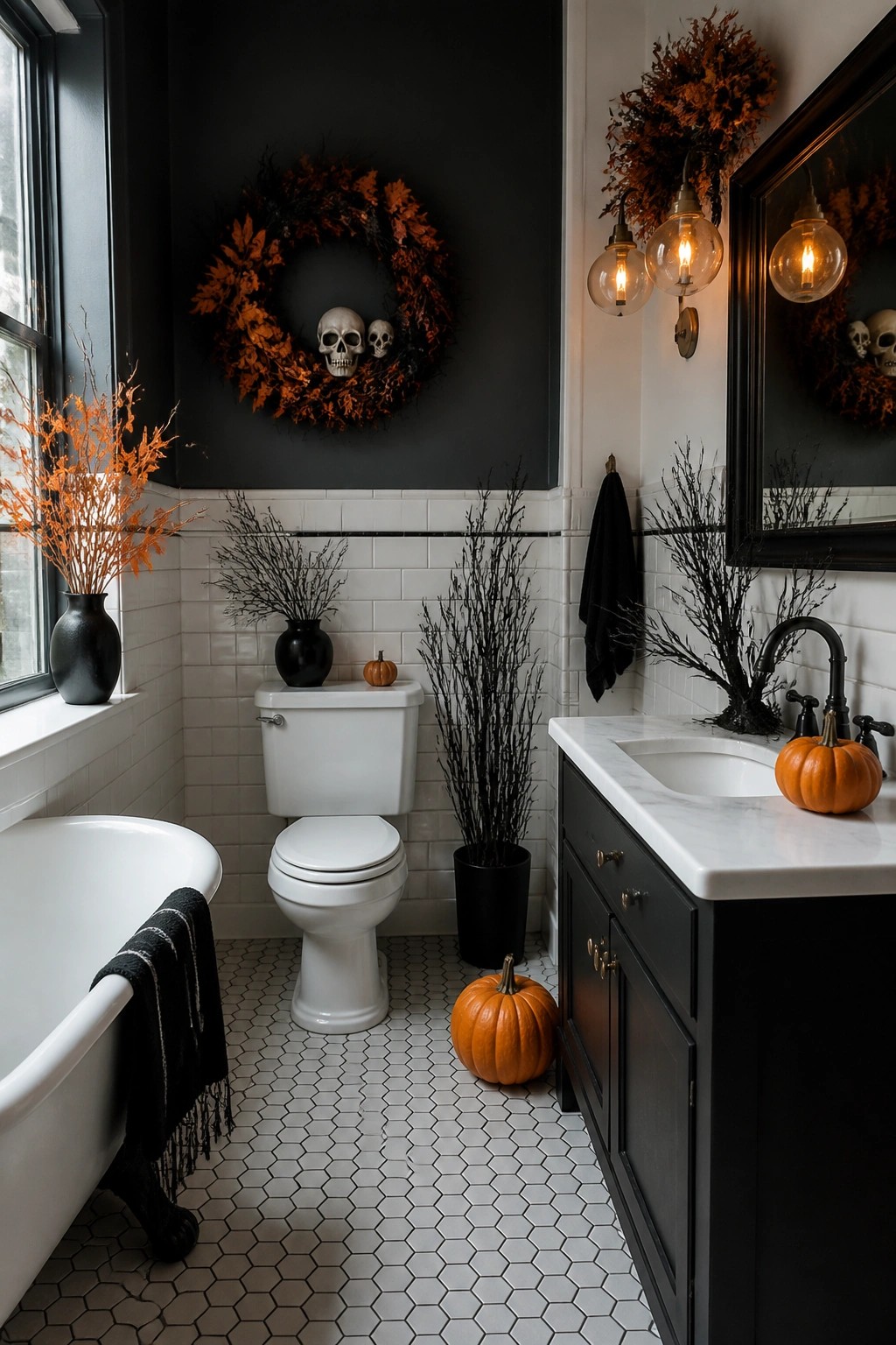 Bathroom with a large Halloween wreath containing skulls mounted on a dark wall above a white toilet.